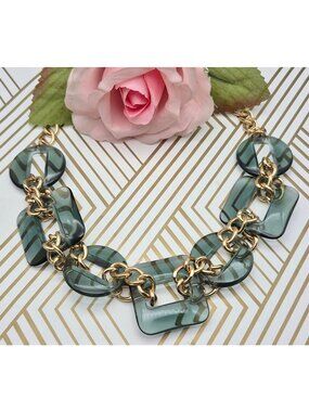 Gold Tone & Green Collar Bib Necklace Statement Piece 19" Long
